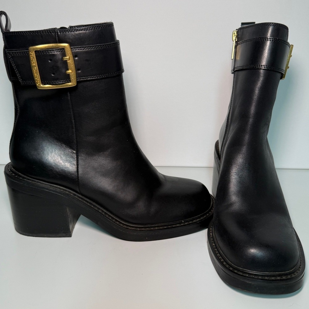 Vince Camuto Black Leather Moto Ankle Boots Gold Buckle Block‎ Heel Square Toe - Picture 9 of 15